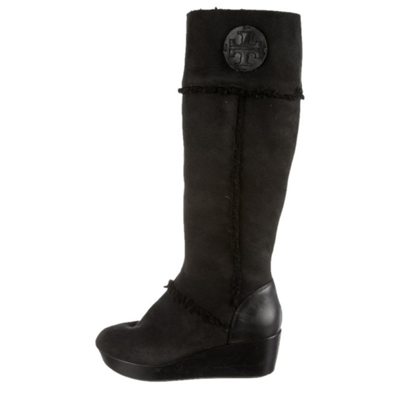 Tory Burch Black Suede Reva Logo Shearling Wedge